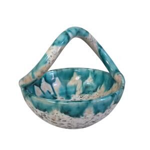 Terracotta Pottery Art Glazed Basket Green White Drip Paint Made Italy Numbered
